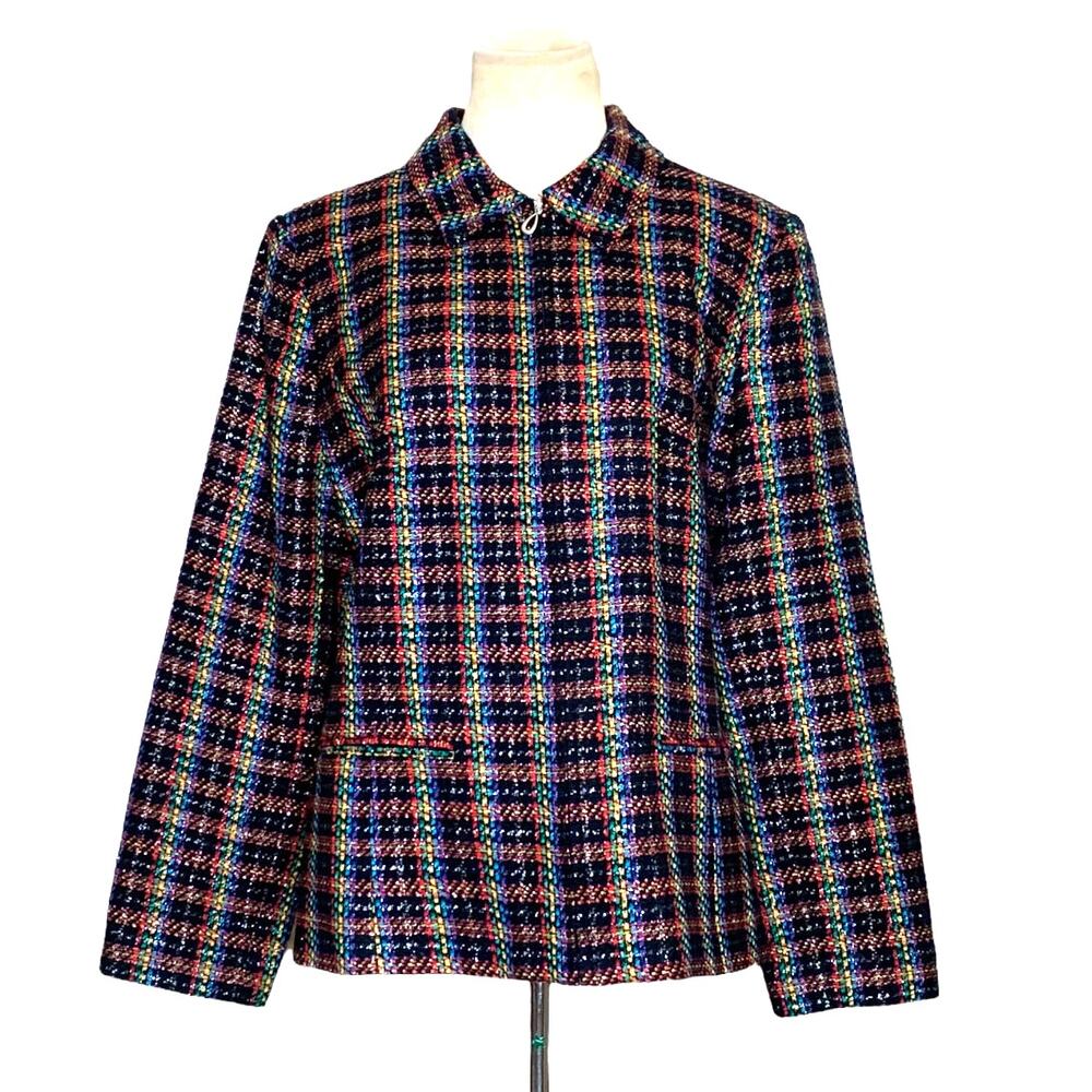 Sag Harbor colorful plaid texture with metallic threads zipper jacket size 14